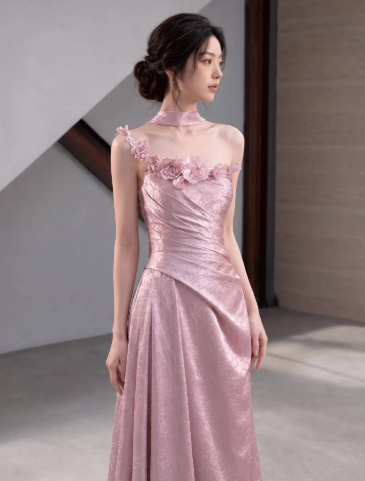 Silky Satin Applique Corset Prom Gown , Pink Women's Maxi Evening Dress Birthday Dress RS2658