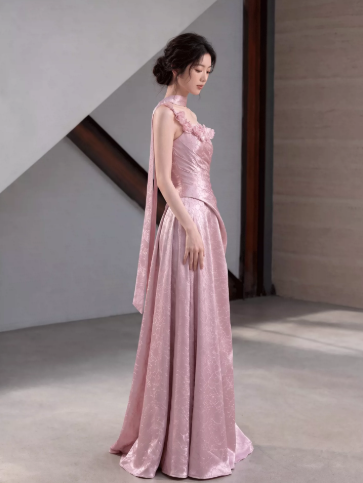 Silky Satin Applique Corset Prom Gown , Pink Women's Maxi Evening Dress Birthday Dress RS2658