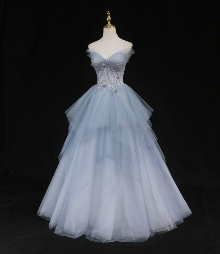 Elegant Pale Blue A-Line Strapless Long Women Dress with Beaded Birthday Dress Prom Dress RS104