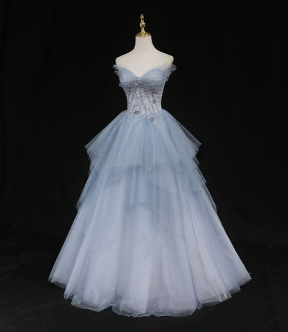 Elegant Pale Blue A-Line Strapless Long Women Dress with Beaded Birthday Dress Prom Dress RS104