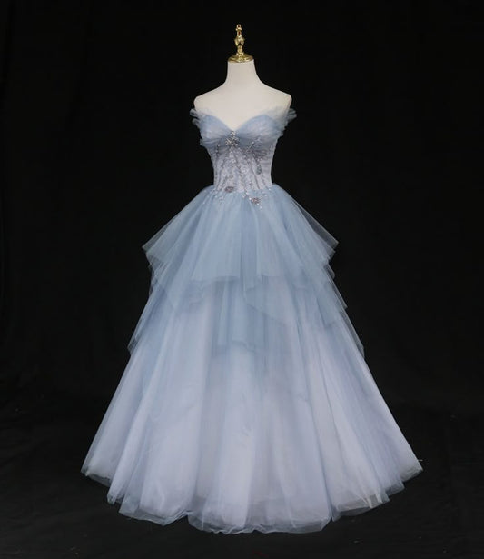 Elegant Pale Blue A-Line Strapless Long Women Dress with Beaded Birthday Dress Prom Dress RS104