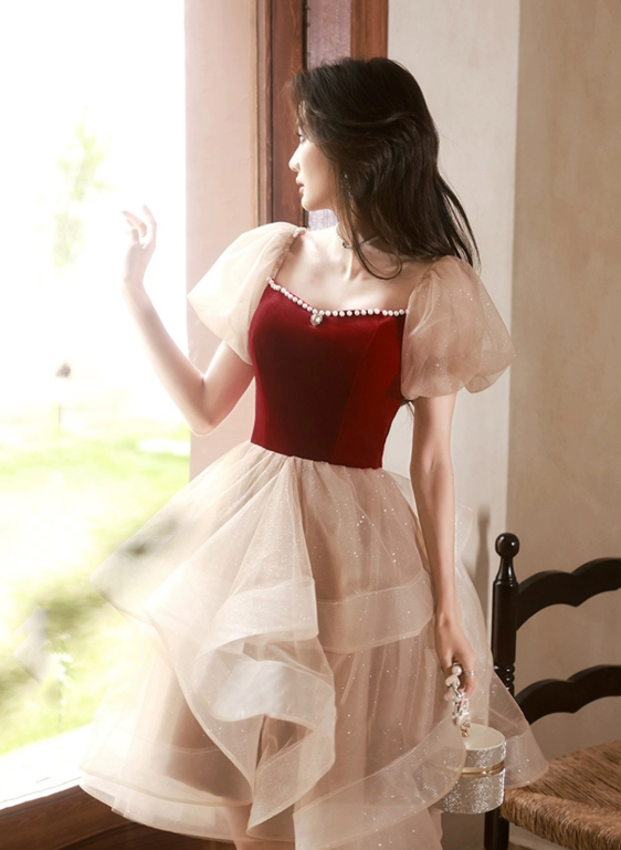 French Chic Contrast Homecoming Dress ,A-Line Square Beading Corset Pretty Short Prom Dress RS1003