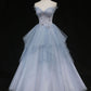 Elegant Pale Blue A-Line Strapless Long Women Dress with Beaded Birthday Dress Prom Dress RS104