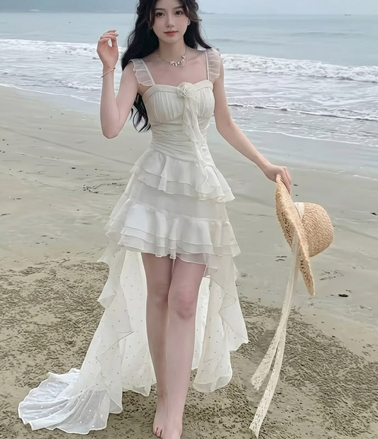 Flowy White Prom Dress ,Hi-Lo Corset Summer Dress Cami Dress for Women RS1247