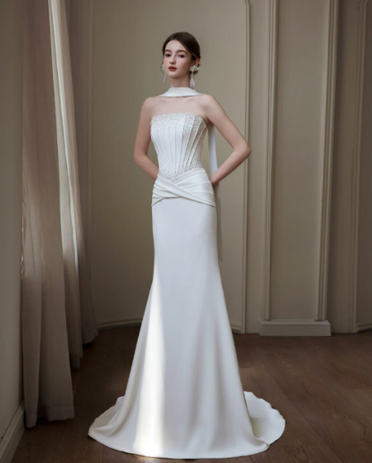 French Chic White Prom Dress ,Minimalist Satin Bodycon Maxi Evening Dress RS1250