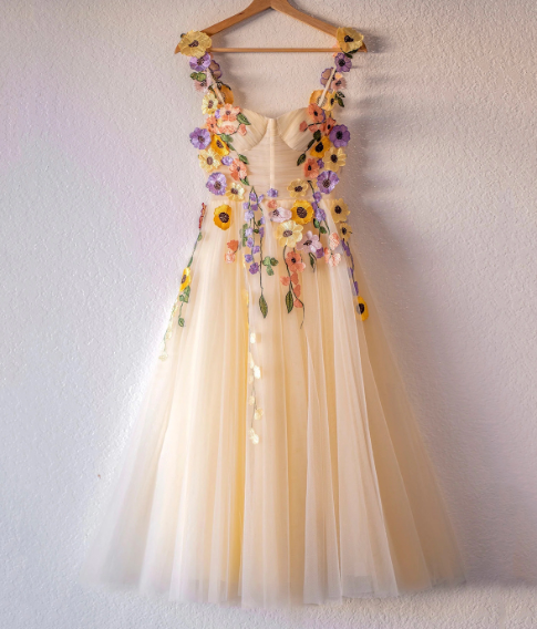 Bright Pastel Yellow Homecoming Dress ,A-Line Spaghetti Straps Applique Corset Pretty Summer Dress RS1004