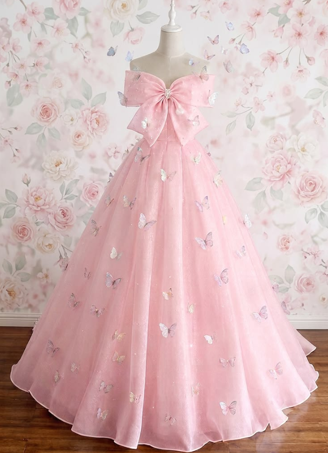 Sweet Pink Prom Gown ,Tulle Bow Decor Corset Maxi Birthday Dress RS1266