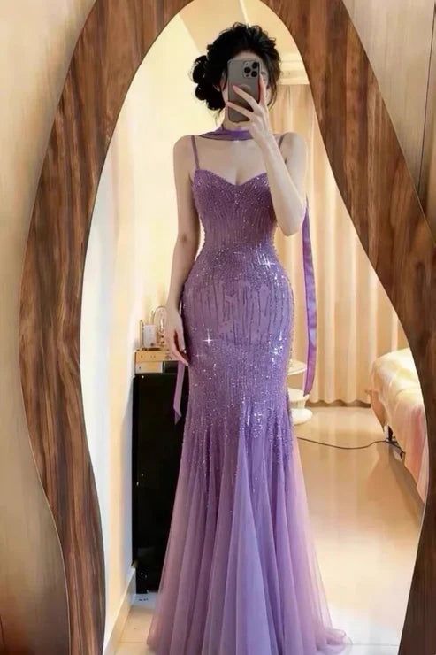 Soft Lavender Mermaid Spaghetti Straps Long Women Dress Party Dress Prom Dress RS107