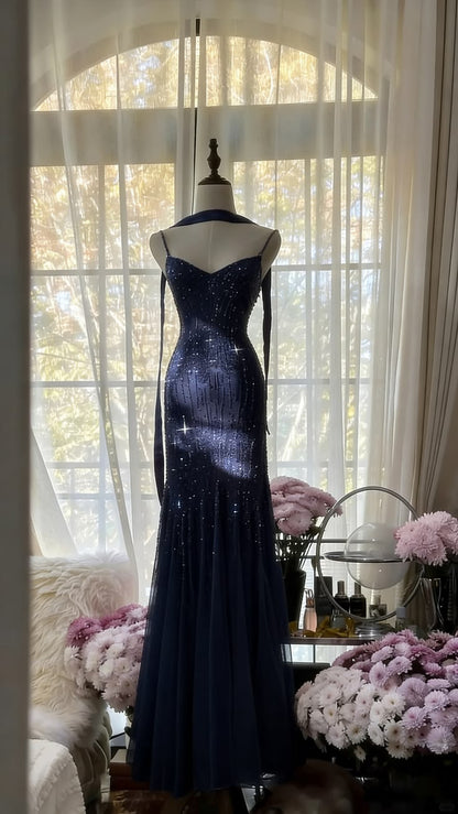 French Chic Mermaid Spaghetti Straps Long Women Dress with Paillette Evening Dress Prom Dress RS108