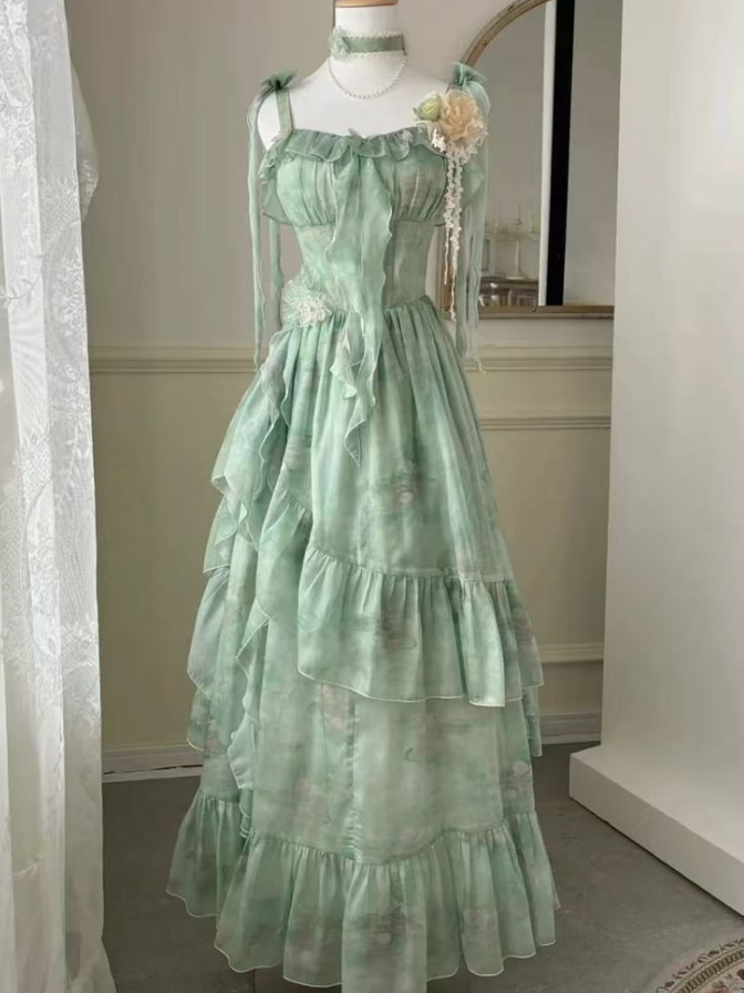 Fresh Green Prom Gown ,Chiffon Flowy Maxi Summer Dress Cami Dress RS1272