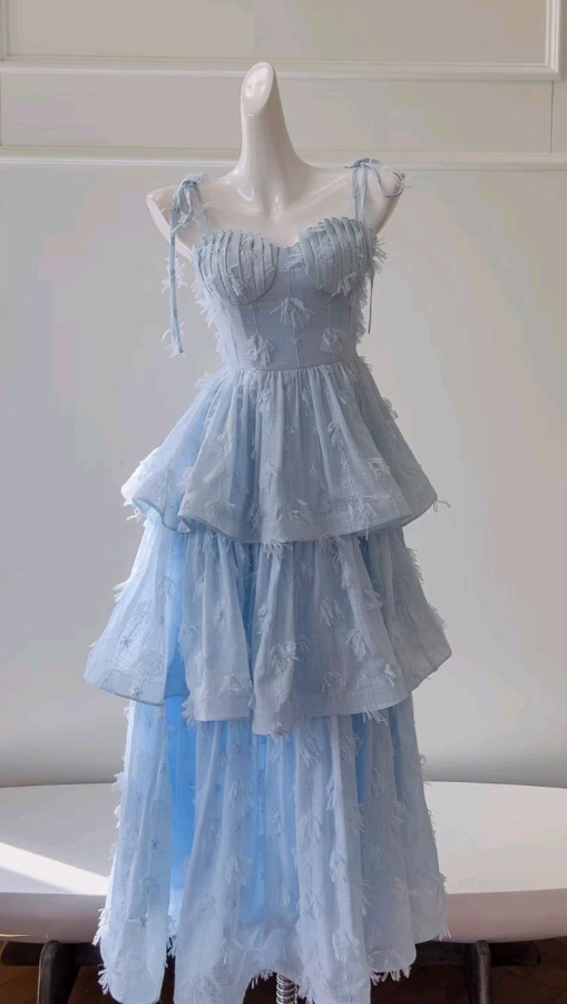 Elegant Pale Blue Prom Gown ,Tiered Flowy Maxi Summer Dress Cami Dress RS1273