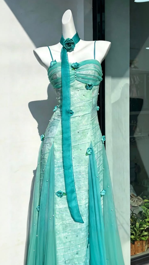 Elegant Mint Green Prom Gown ,3D Floral Maxi Evening Dress Cami Dress RS1274