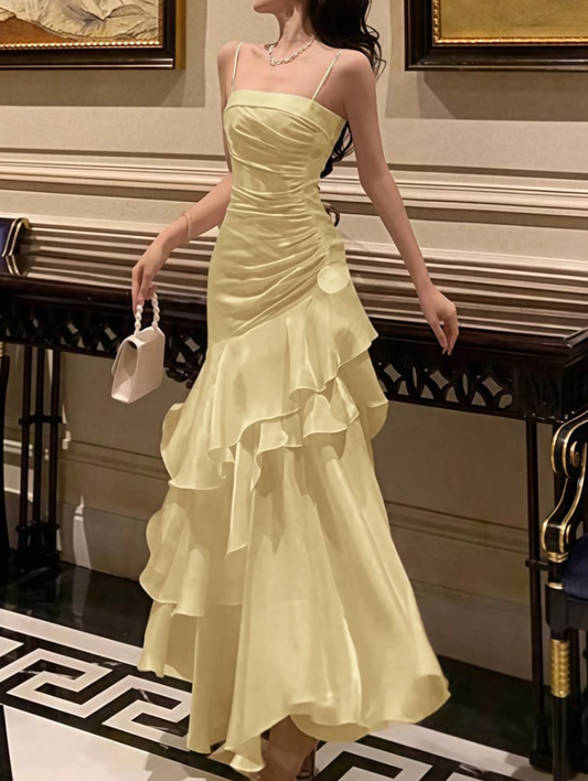Elegant Pastel Yellow Prom Gown ,Silky Flowy Pleated Maxi Summer Dress Cami Dress RS1275