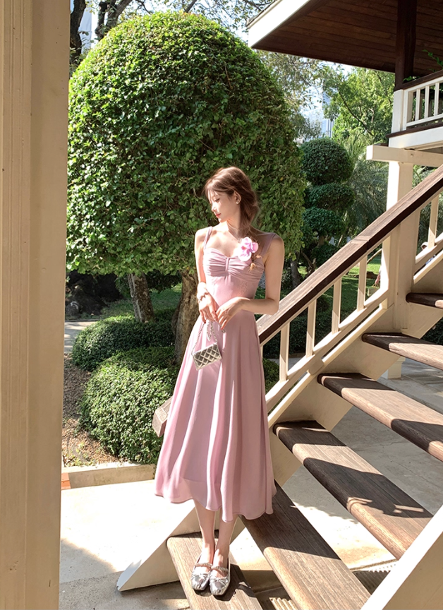 Solid color long waist suspender dress French retro slim skirt R4945