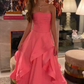 Pink Strapless A-Line Ruffles Long Prom Party Dress Formal Dress         S7173
