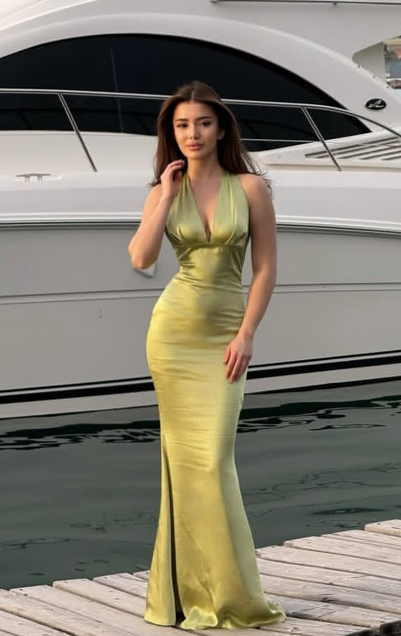 Sexy Green Prom Gown ,Deep V-neck Silky Maxi Evening Dress RS1282