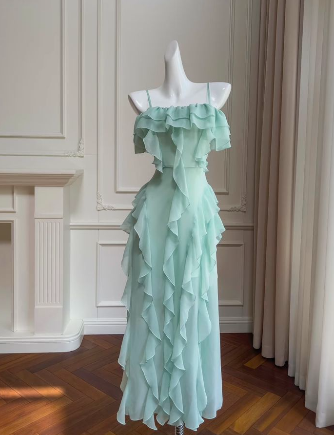 Flowy Mint Green Prom Gown ,Chiffon Maxi Summer Dress Cami Dress RS1284
