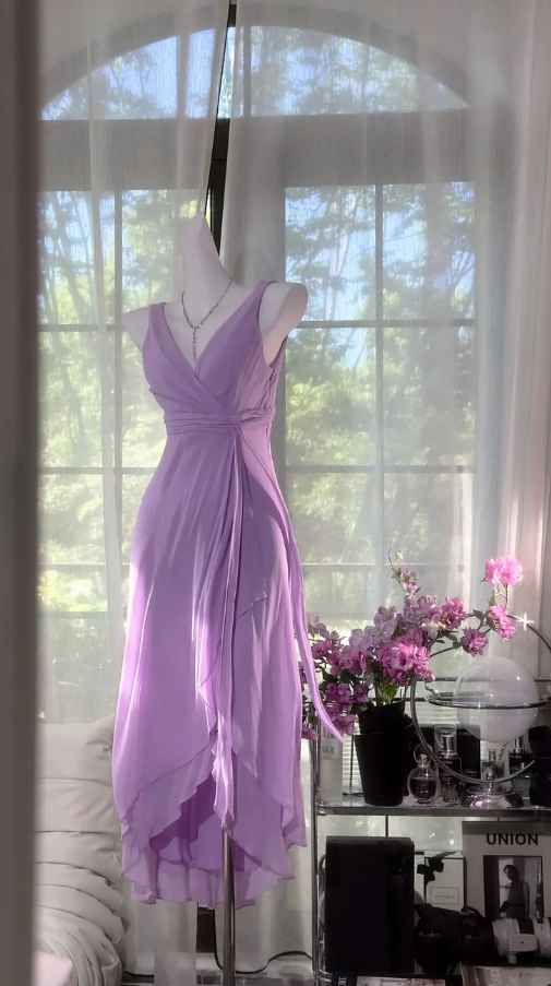 Flowy Purple Prom Gown ,Chiffon V-neck Midi Summer Dress Party Dress RS1286