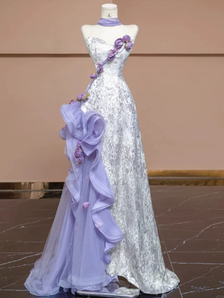Romantic Purple Prom Gown ,3D Floral Maxi Birthday Dress Evening Dress RS1289