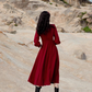 Red dress Hepburn style French retro v-neck petite long-sleeved red dress R1752