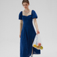 Blue French dress puff sleeves skirt retro style small square collar tea break long dress female summer R3456