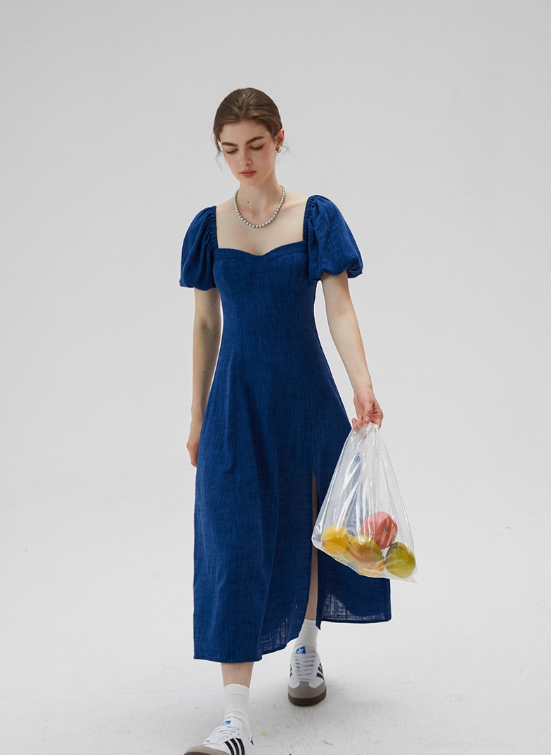 Blue French dress puff sleeves skirt retro style small square collar tea break long dress female summer R3456