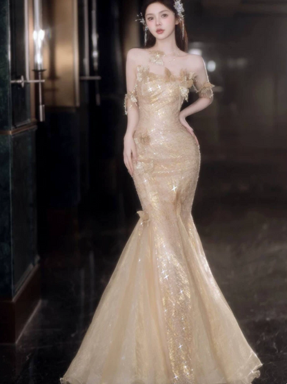 Dreamy Champagne Prom Gown ,Glitter Sequins Maxi Celebrity Dress Evening Dress RS1292