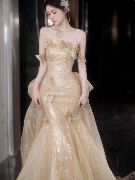 Dreamy Champagne Prom Gown ,Glitter Sequins Maxi Celebrity Dress Evening Dress RS1292