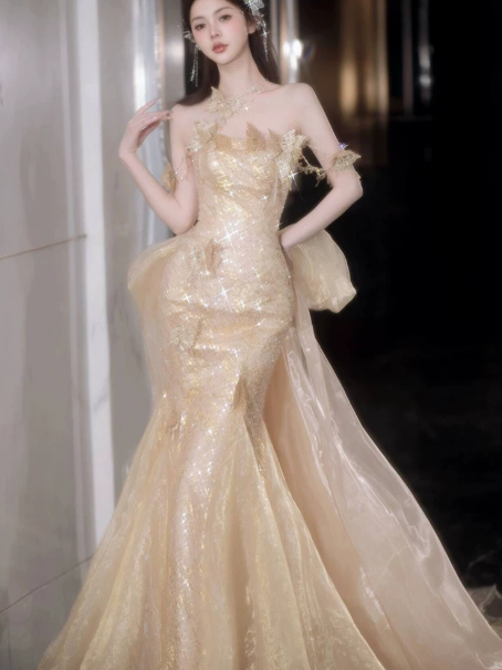 Dreamy Champagne Prom Gown ,Glitter Sequins Maxi Celebrity Dress Evening Dress RS1292