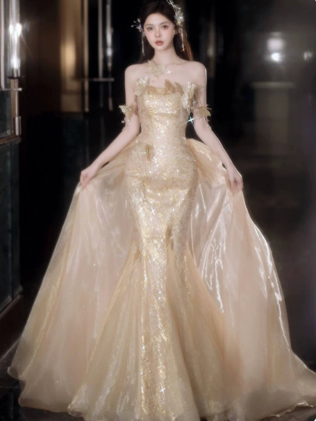 Dreamy Champagne Prom Gown ,Glitter Sequins Maxi Celebrity Dress Evening Dress RS1292