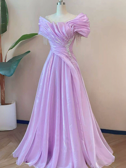 Elegant Lavender Beaded Prom Gown ,Silky Satin Maxi Evening Dress RS1294