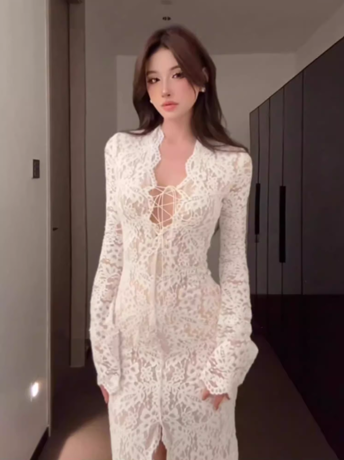 Sexy hot girl lace strap V-neck dress 2025 waist-hugging hip-wrapped slit long skirt R1205