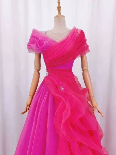 Hot Barbie Pink Prom Gown ,Tulle Elegant Maxi Evening Dress RS1296