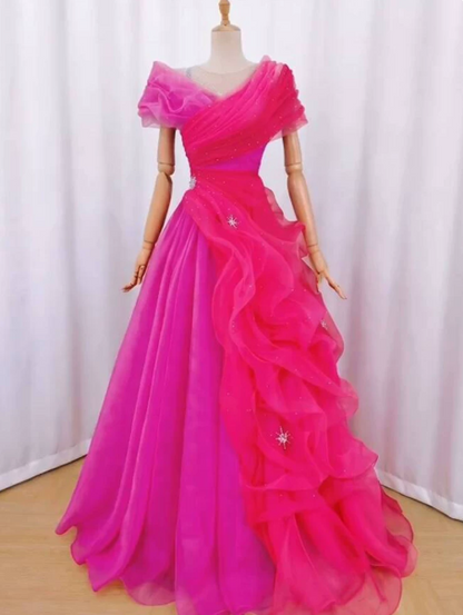 Hot Barbie Pink Prom Gown ,Tulle Elegant Maxi Evening Dress RS1296