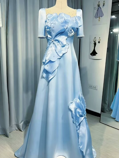 Elegant Baby Blue Prom Gown ,Silky Applique Maxi Evening Dress RS1298