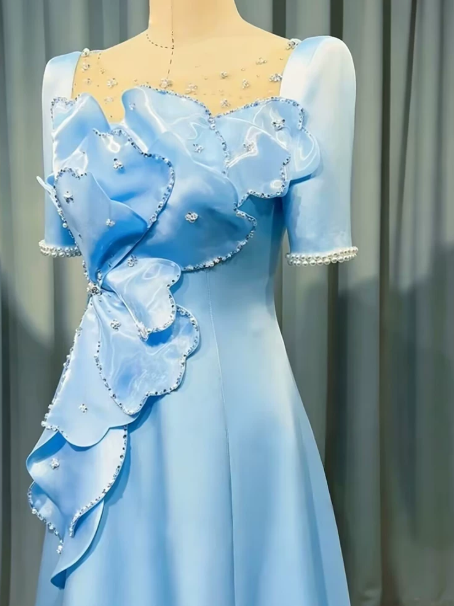Elegant Baby Blue Prom Gown ,Silky Applique Maxi Evening Dress RS1298