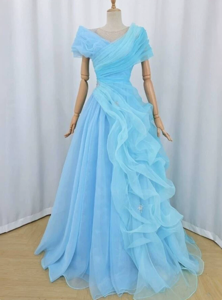 Elegant Baby Blue Prom Gown ,Flowy Tulle Maxi Evening Dress RS1299