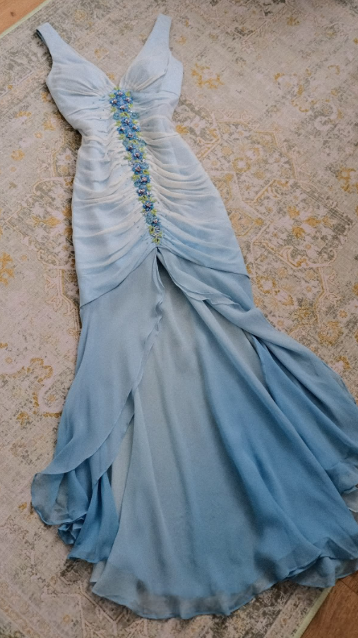 Fresh Pale Blue Prom Gown ,Flowy Applique Chiffon Maxi Evening Dress RS1300