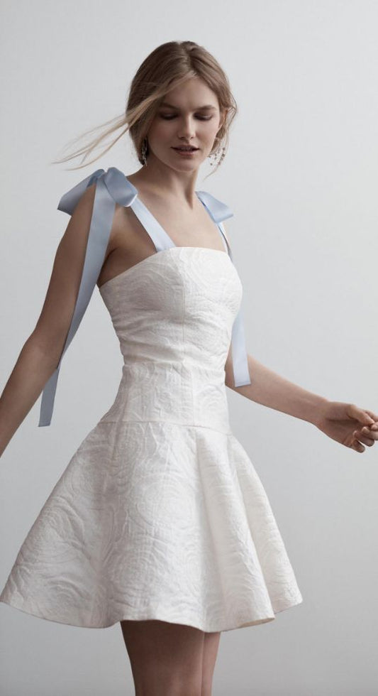 White suspenders with waist slimming A-line mini skirt homecoming dress R3584