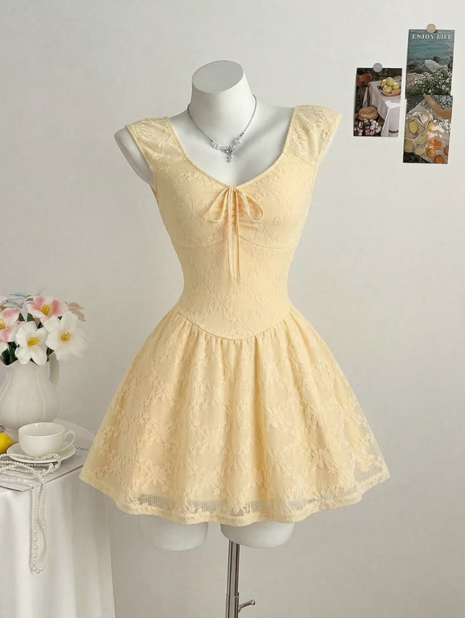 Pretty Yellow Homecoming Dress , Minimalist Lace Embroidery Mini Summer Dress RS1302