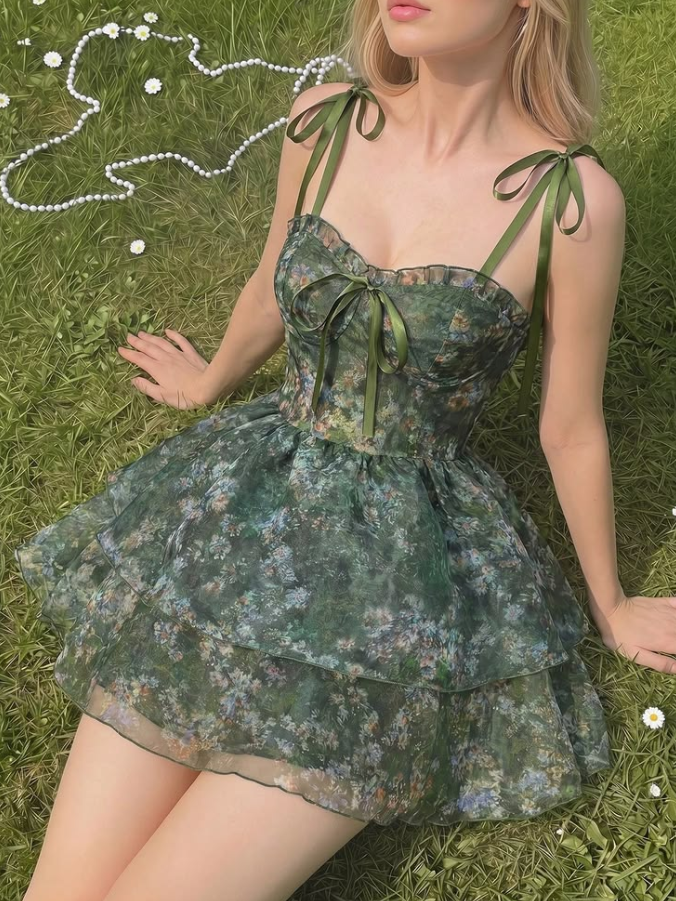 Charming Bud Green Floral Homecoming Dress , Flowy Chiffon Mini Summer Dress Cami Dress RS1304