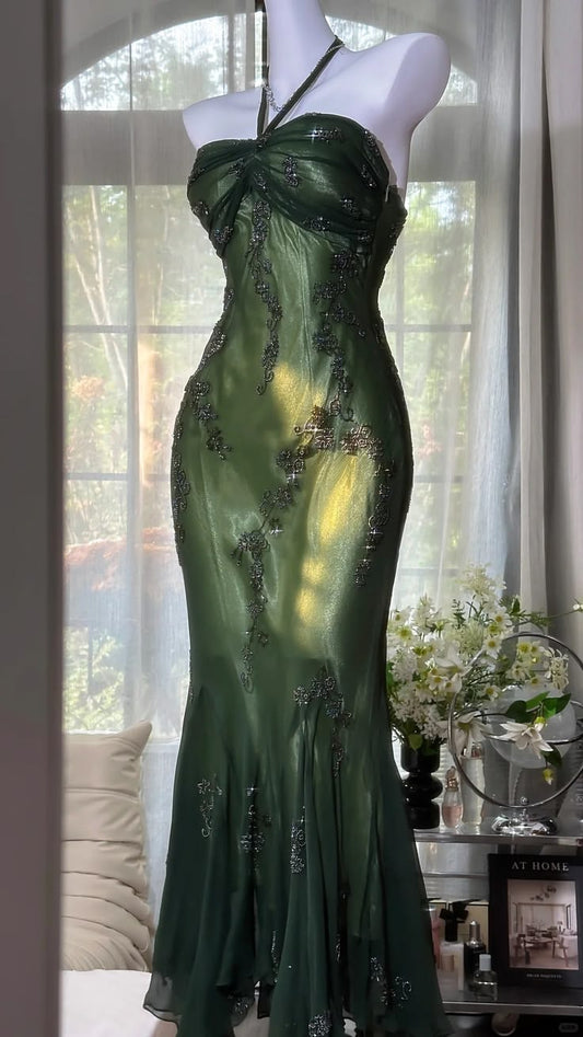 Elegant Jade Mermaid Halter Long Women Dress with Embroidery Evening Dress Prom Dress RS112