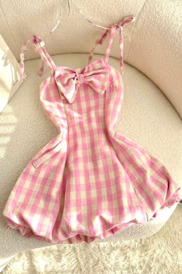 Sweet Pink Homecoming Dress , Striped Bow Decor Short Prom Dress Cami Dress RS1306
