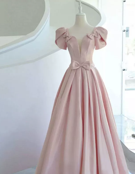 Charming Pink Prom Gown ,Puff Sleeves Satin Maxi Evening Dress Birthday Dress RS1309