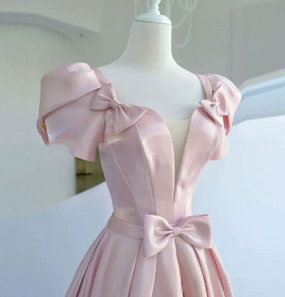 Charming Pink Prom Gown ,Puff Sleeves Satin Maxi Evening Dress Birthday Dress RS1309