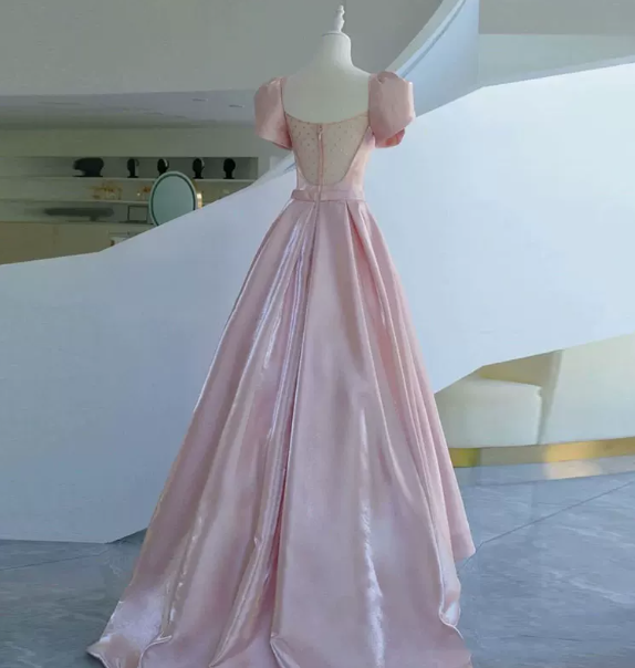 Charming Pink Prom Gown ,Puff Sleeves Satin Maxi Evening Dress Birthday Dress RS1309