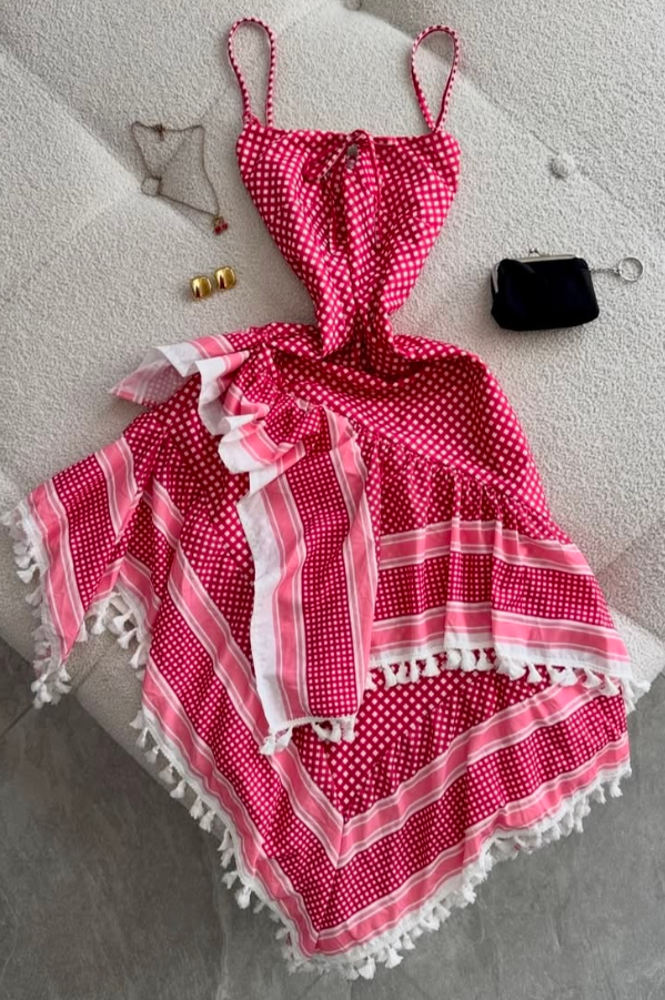 Bohemian Barbie Pink Prom Gown ,Polka Dots Pretty Maxi Party Dress Summer Dress RS1311
