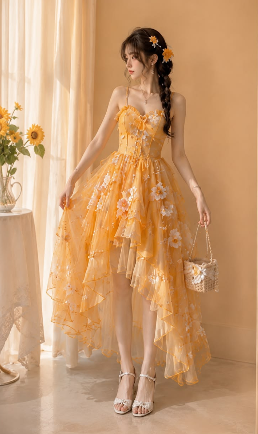 Vibrant Yellow Prom Gown , Pretty Applique Hi-Lo Party Dress Summer Dress RS1314