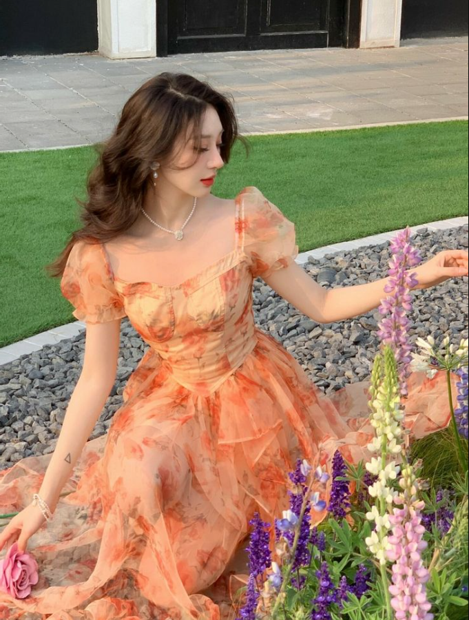 Vibrant Orange Floral Prom Gown , Pretty CottageCore Maxi Party Dress Summer Dress RS1315