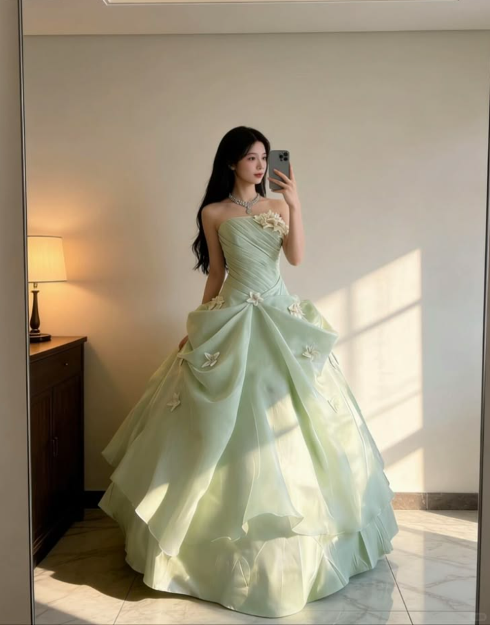 Elegant Soft Green Prom Gown , Pretty Floral Maxi Evening Dress Birthday Dress RS1317